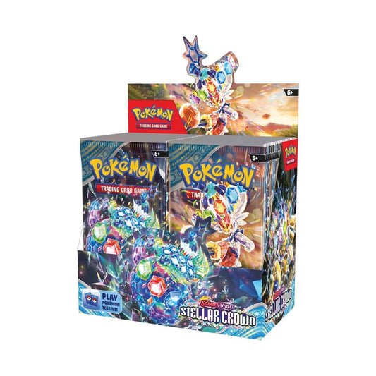 The image shows a Pokemon Stellar Crown Booster Box. This box contains 36 booster packs from the Stellar Crown set. Sergio’s Collection