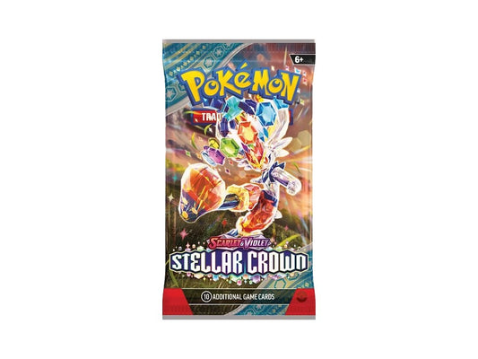 The image shows a Pokémon TCG Stellar Crown SV07 Booster Pack featuring Cinderace. Sergio’s Collection